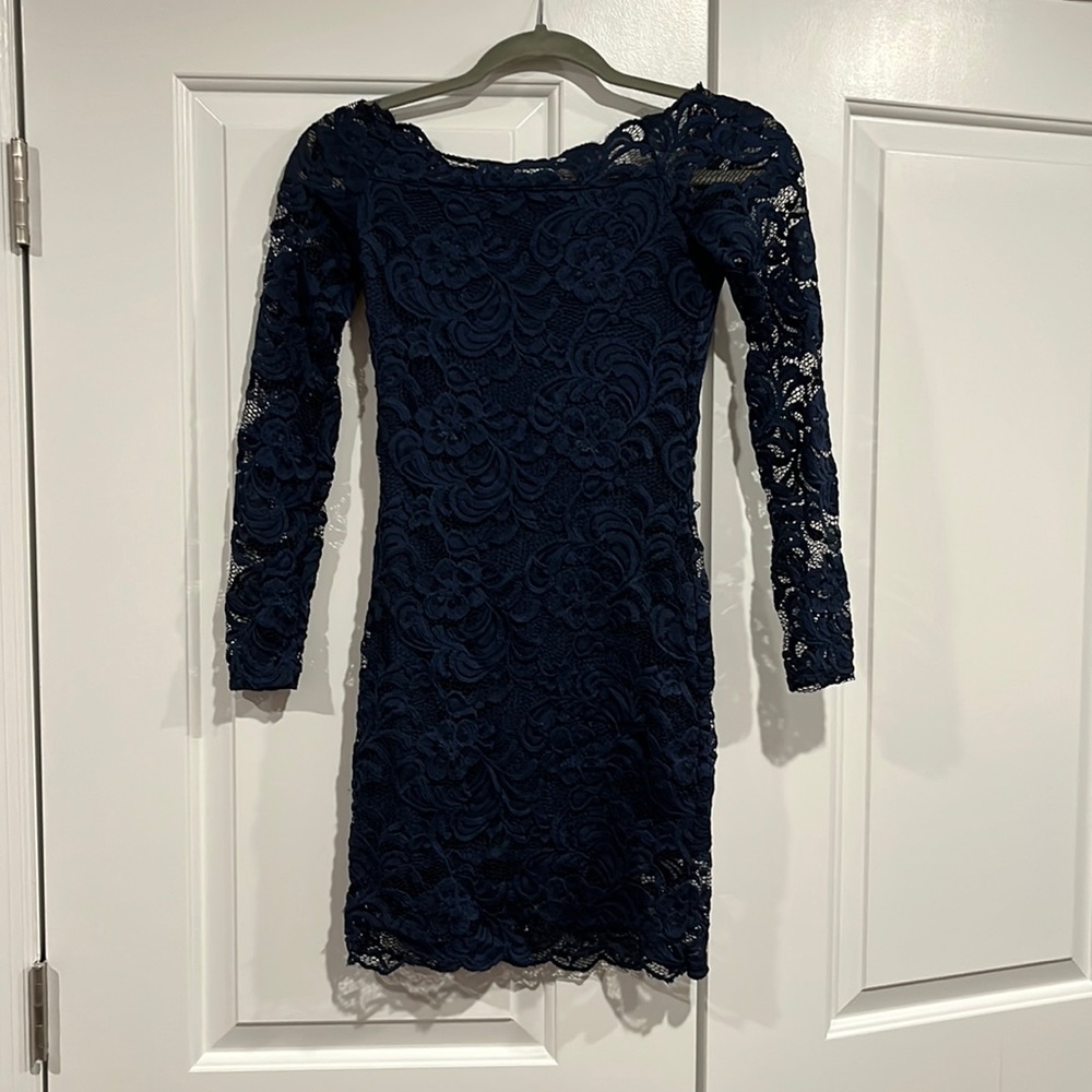 H&M navy blue lace short dress, long sleeve, off the shoulders. Size 4